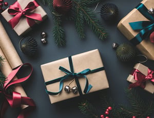 Seasonal gifts wrapped with ribbon